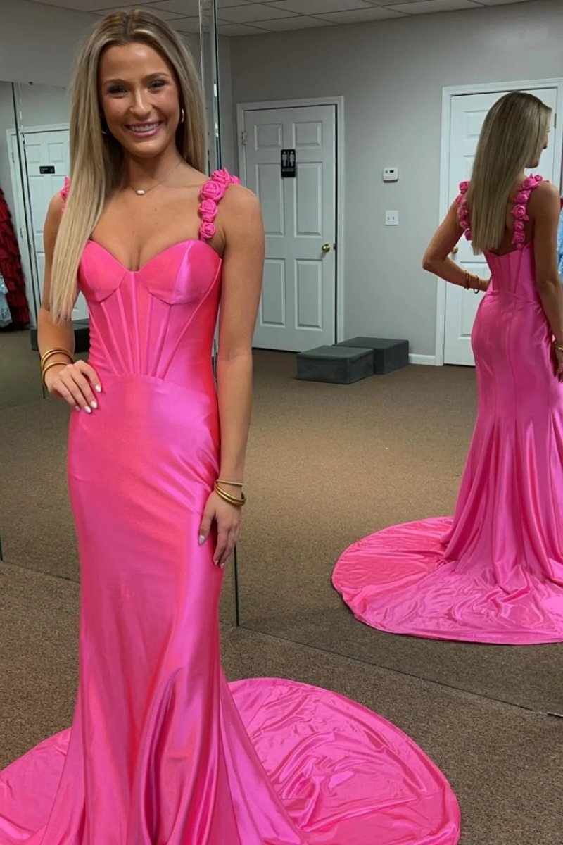 Persephone | Hot Pink Floral Straps Mermaid Satin Long Prom Dress - KissProm