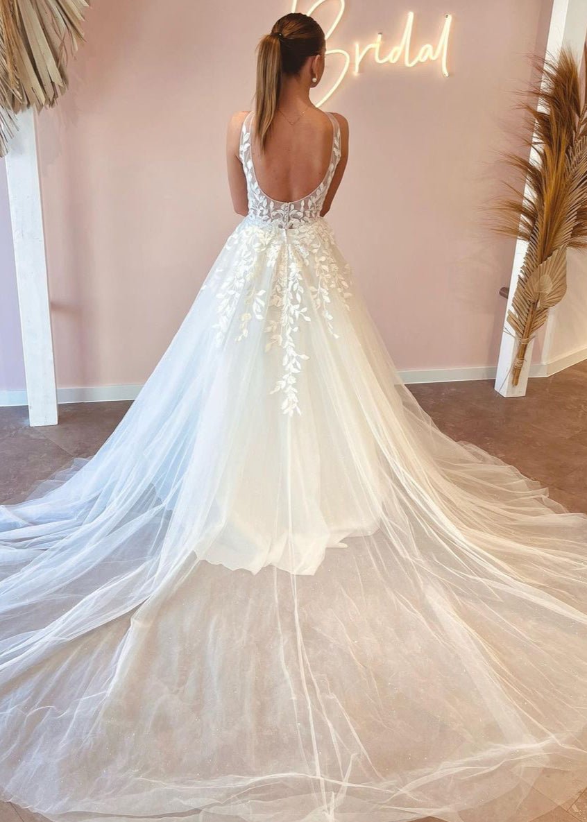 Elegant A Line V Neck Tulle Wedding Dresses with Appliques - KissProm