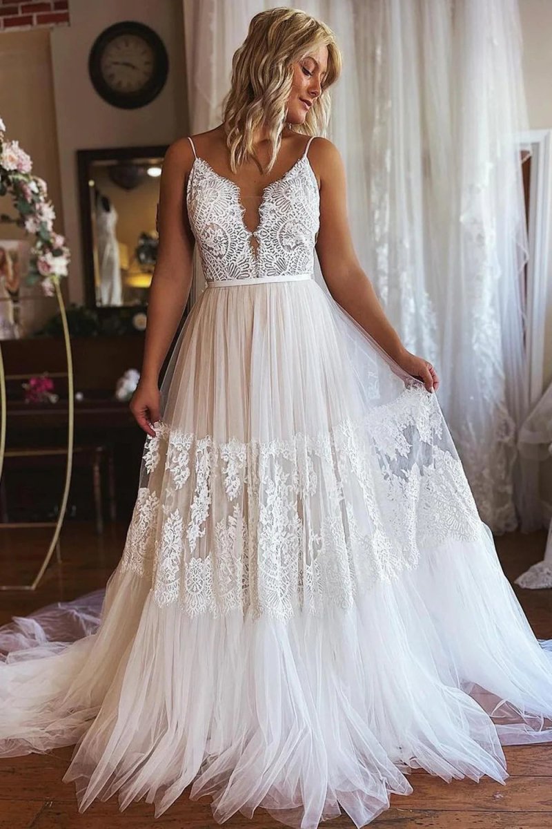 Ivory Boho A - Line Long Tulle Wedding Dress with Appliques - KissProm