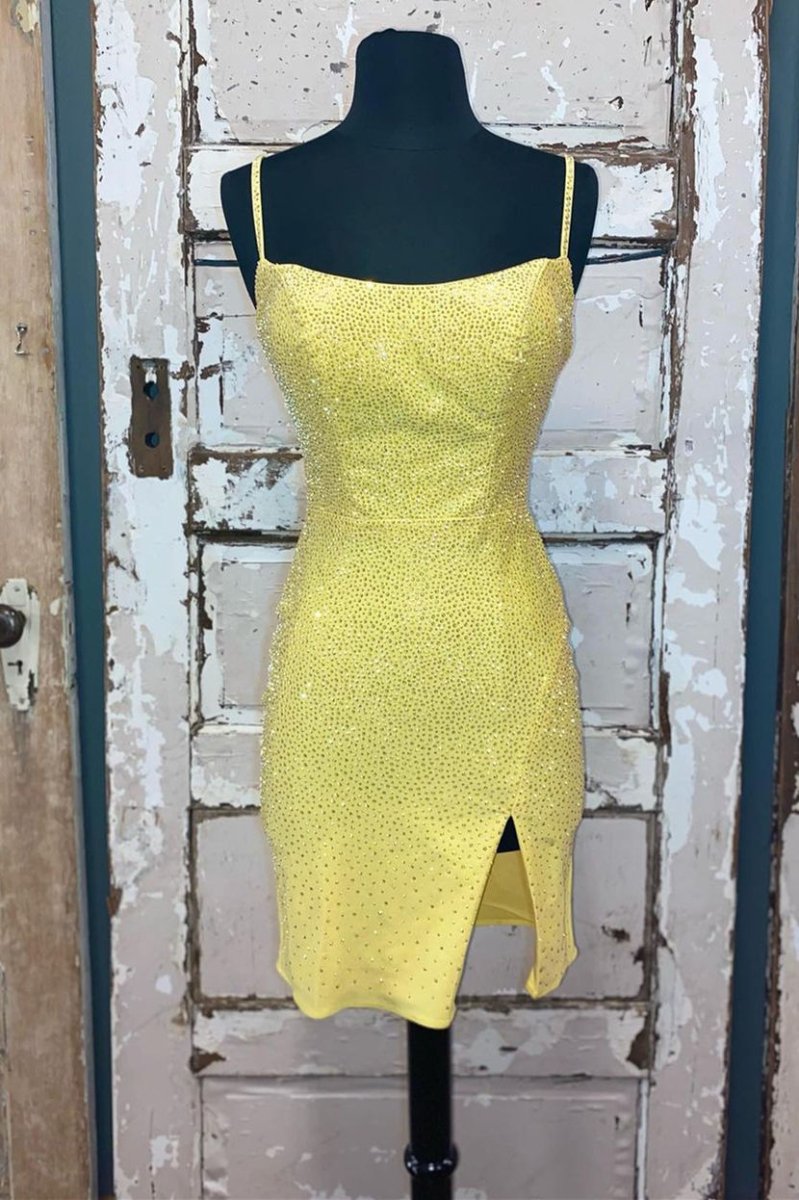 Short Tight Yellow Homecoming Dress with Lace Up - KissProm