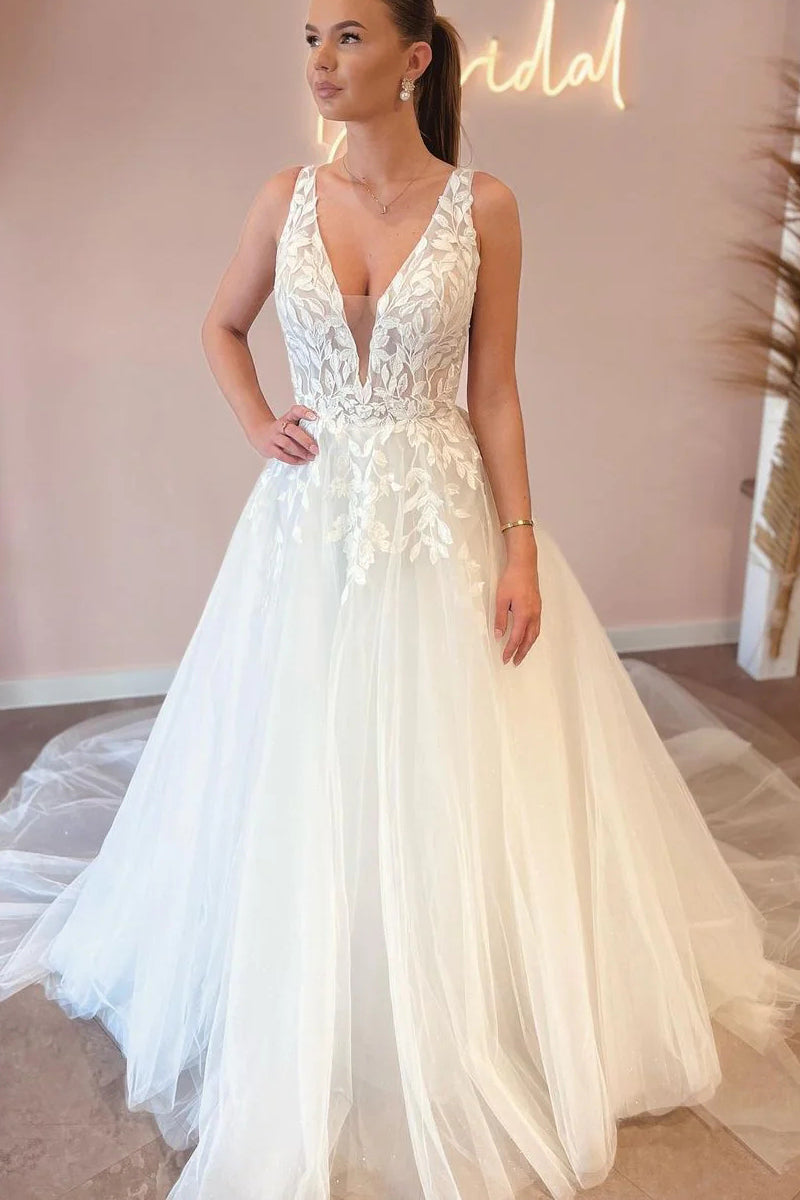 Elegant A Line V Neck Tulle Wedding Dresses with Appliques - KissProm