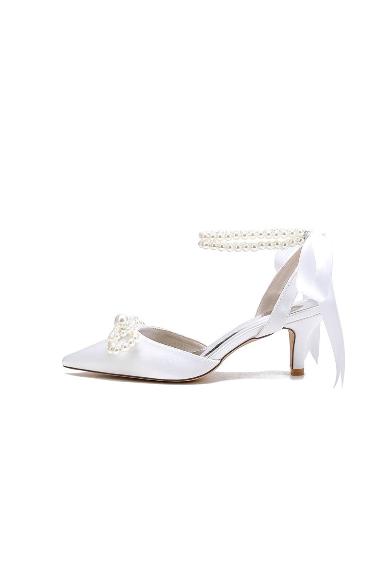 Pearl Ribbon Pointed Toe Ankle Strap High Heels - KissProm