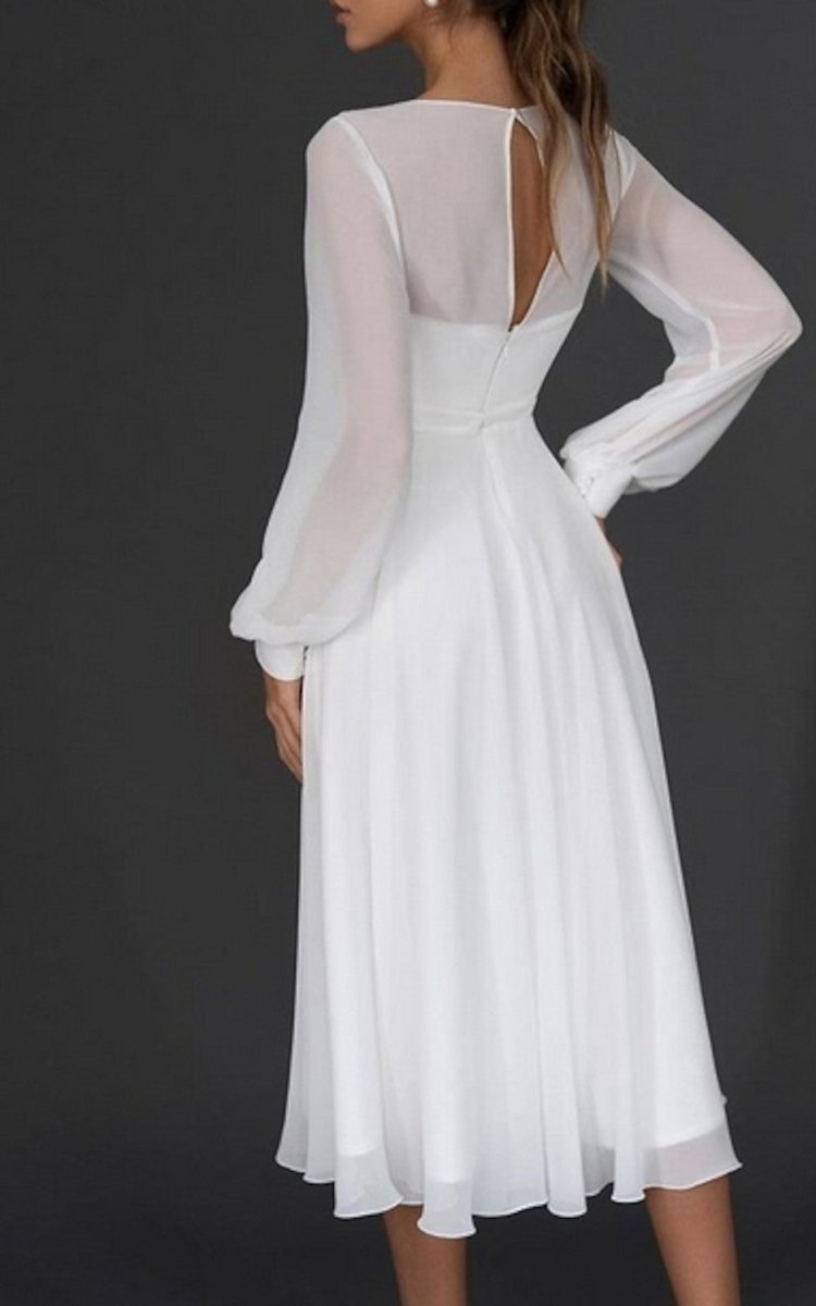 A - Line V - neck Chiffon Long Sleeves Zipper Wedding Dress - KissProm