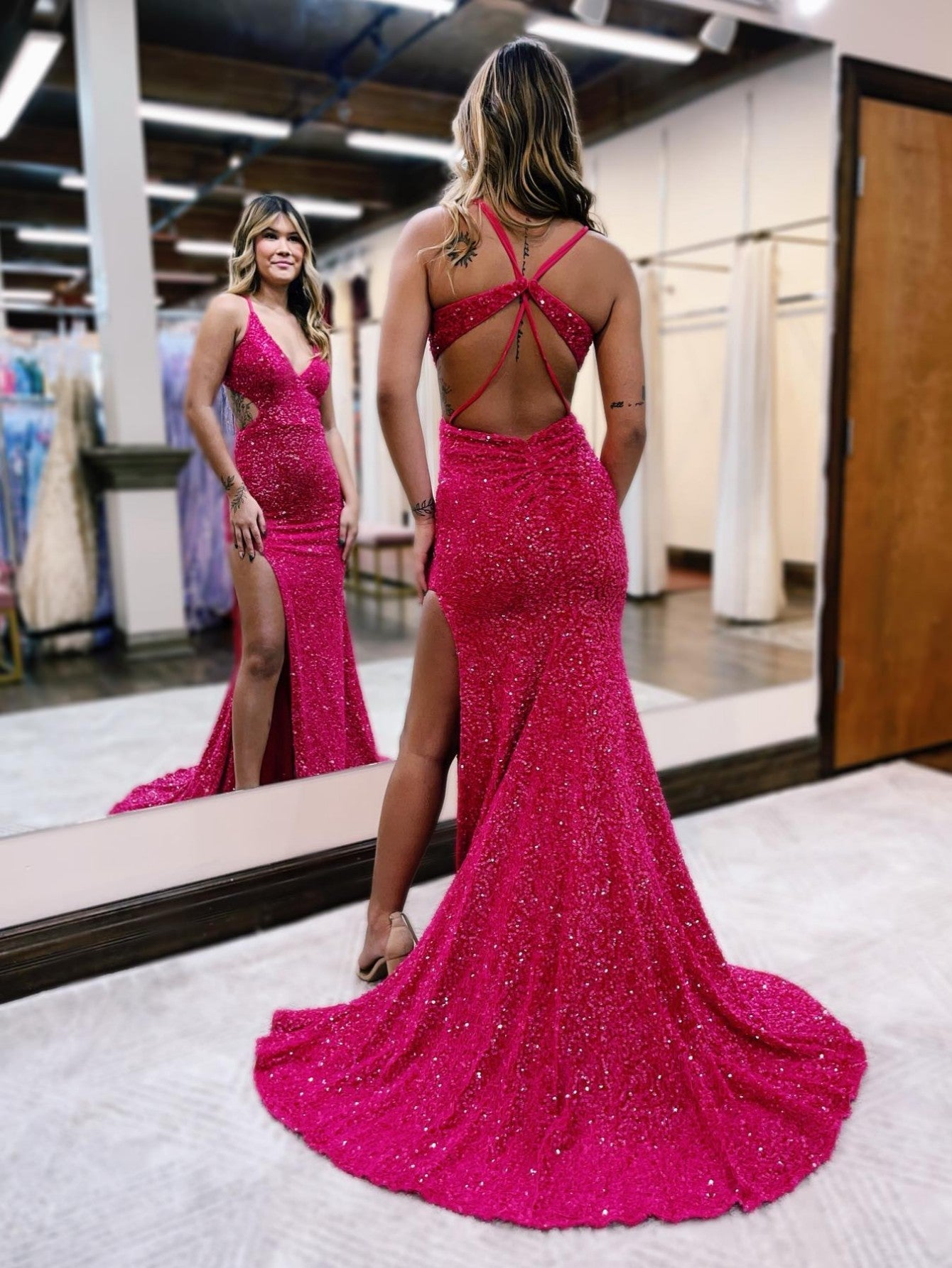 Glitter Red Mermaid V Neck Cut Out Prom Dress with Slit | KissProm