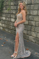 Marisela | Champagne Sequin Beaded Strapless Long Prom Dress with Slit - KissProm