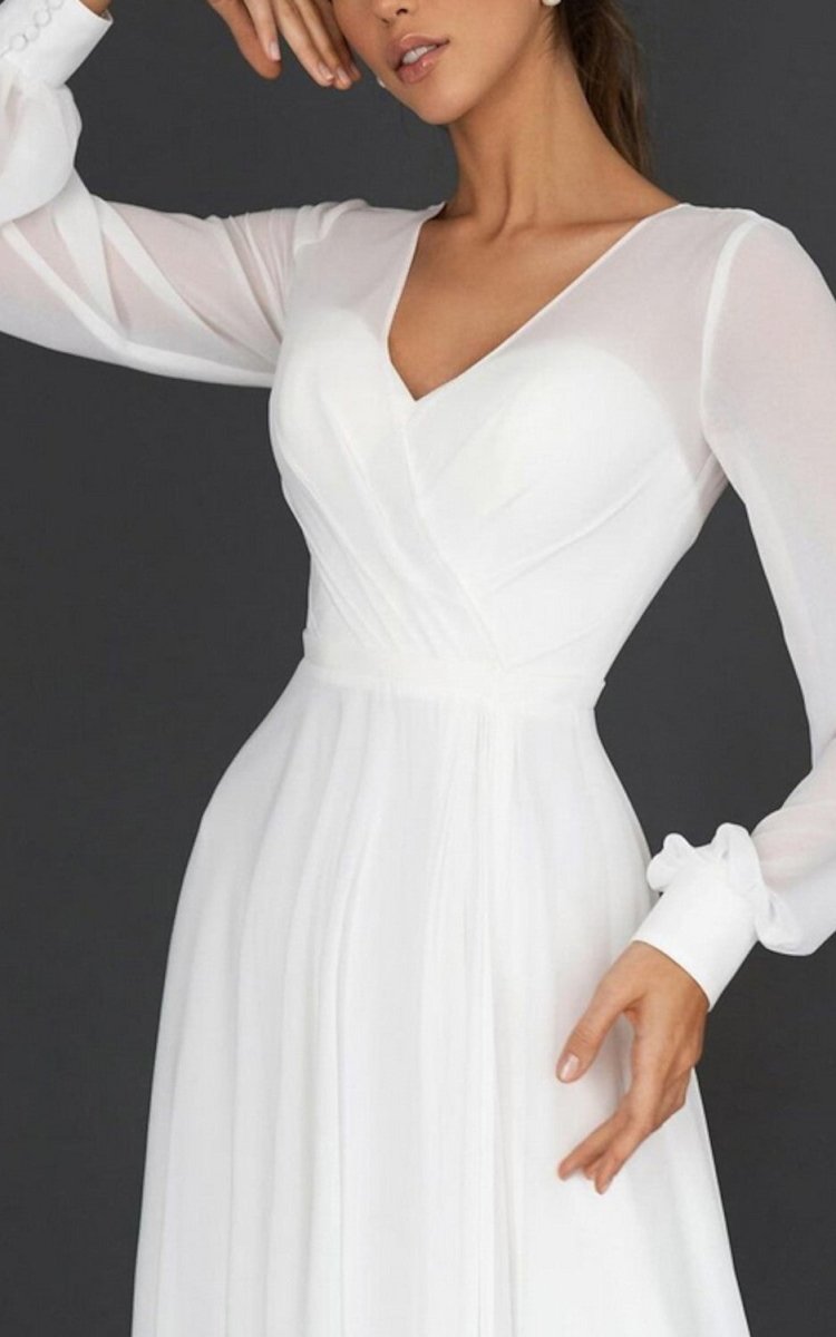 A - Line V - neck Chiffon Long Sleeves Zipper Wedding Dress - KissProm