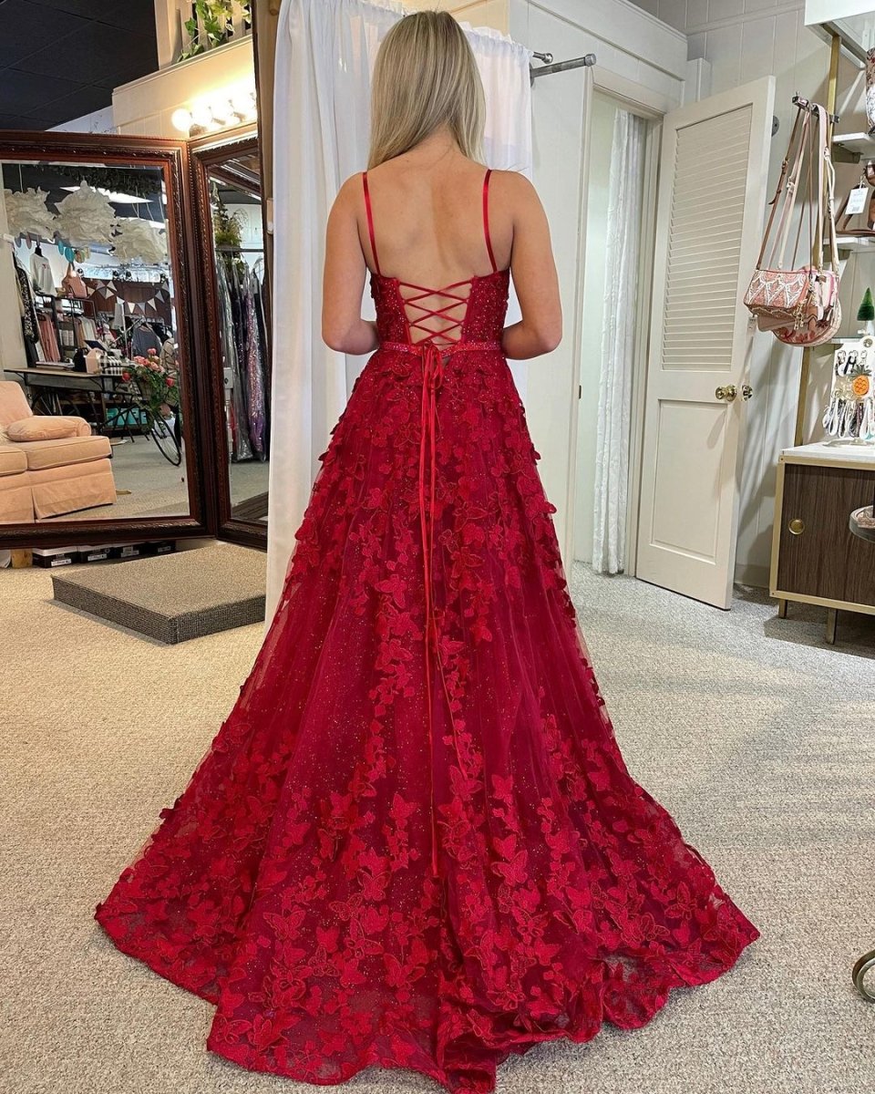 Shana | Cute A Line Scoop Neck Red Lace Prom Dresses with Beading - KissProm