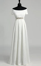 Graceful Off - the - shoulder A - line Beaded Satin Wedding Dress - KissProm