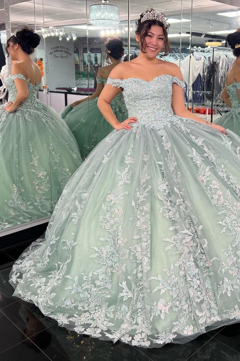 Dylan | Off - the - Shoulder Dusty Sage Appliques With Lace Up Quinceanera Dress - KissProm