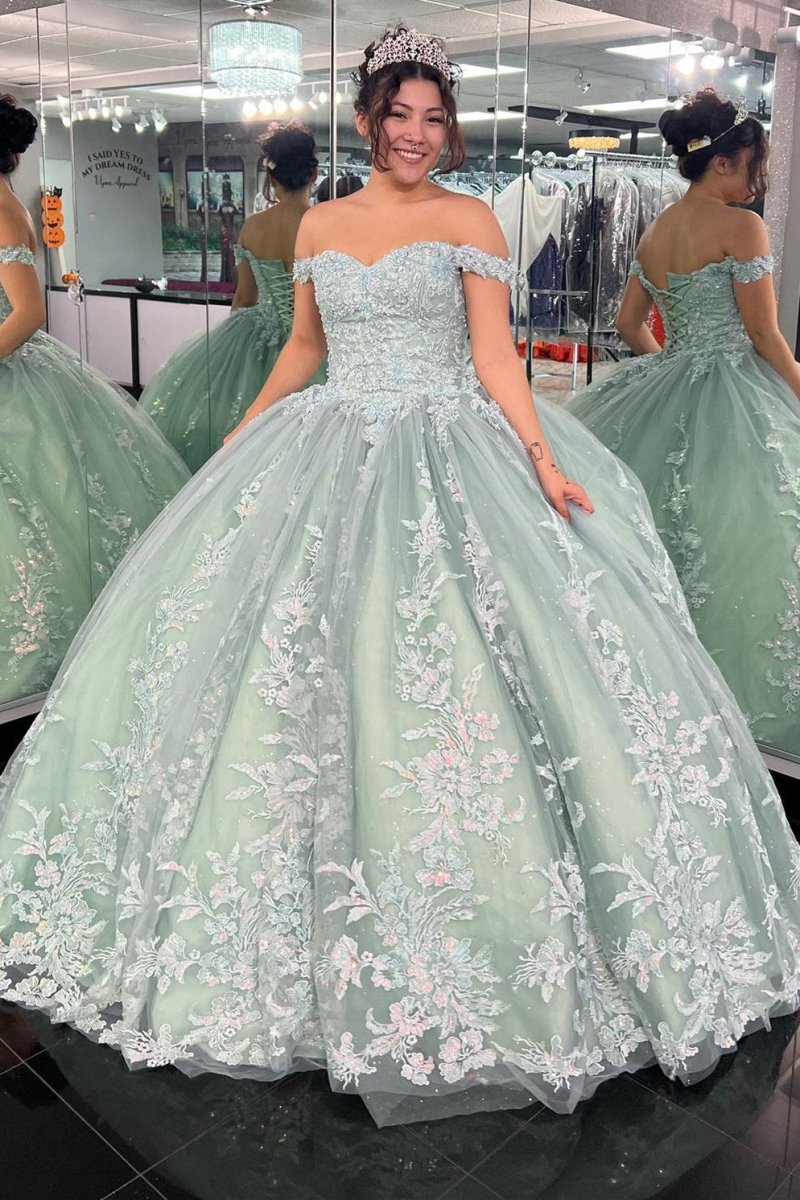 Dylan | Off - the - Shoulder Dusty Sage Appliques With Lace Up Quinceanera Dress - KissProm