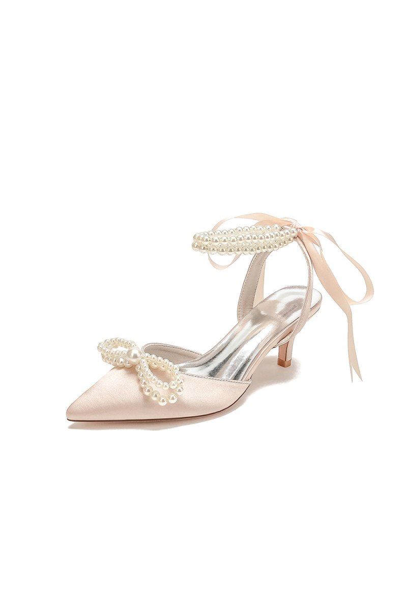 Pearl Ribbon Pointed Toe Ankle Strap High Heels - KissProm