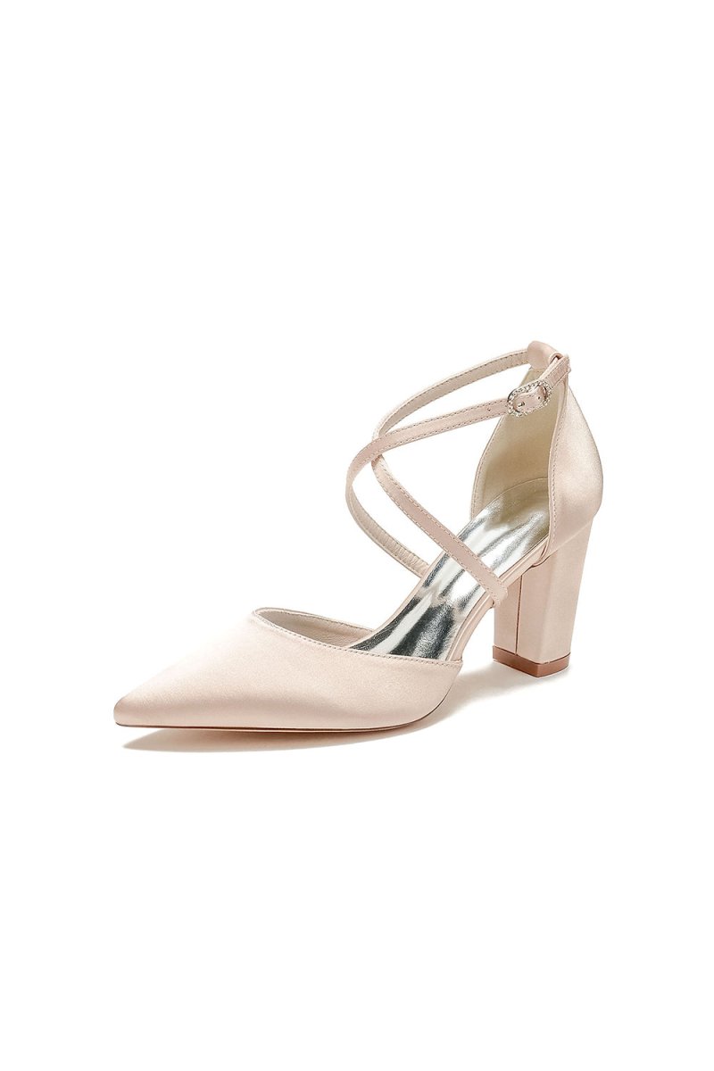 White Satin Pump with Cross - Strap and Metal Accent - KissProm