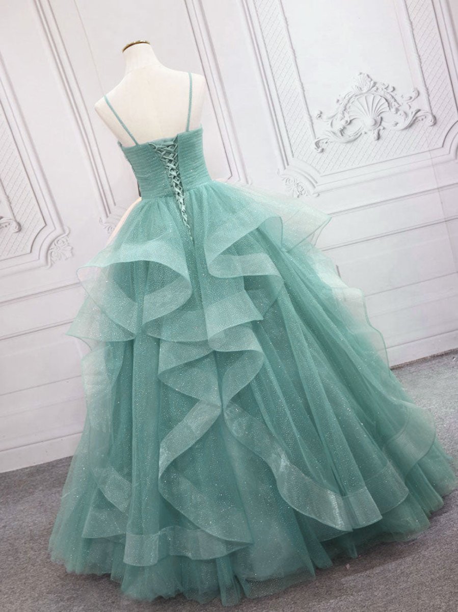 Quinceanera Dress Green V Neck Tulle Long Prom Dress Green Sweet Dress - KissProm