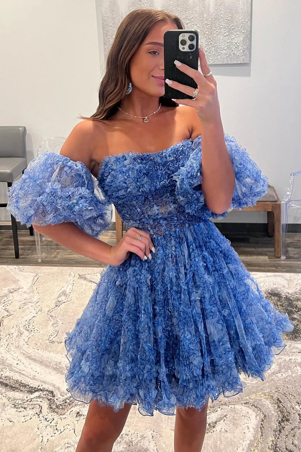 Hanni | Blue Puff Sleeves Ruffles A-line Prints Homecoming Dress