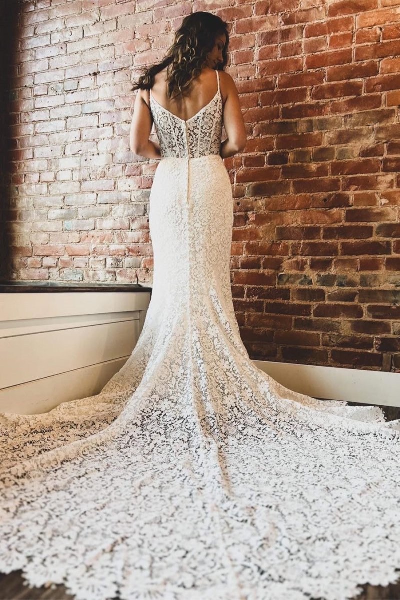 Goldie | White Lace Sweetheart Sleeveless Mermaid Long Wedding Dress - KissProm