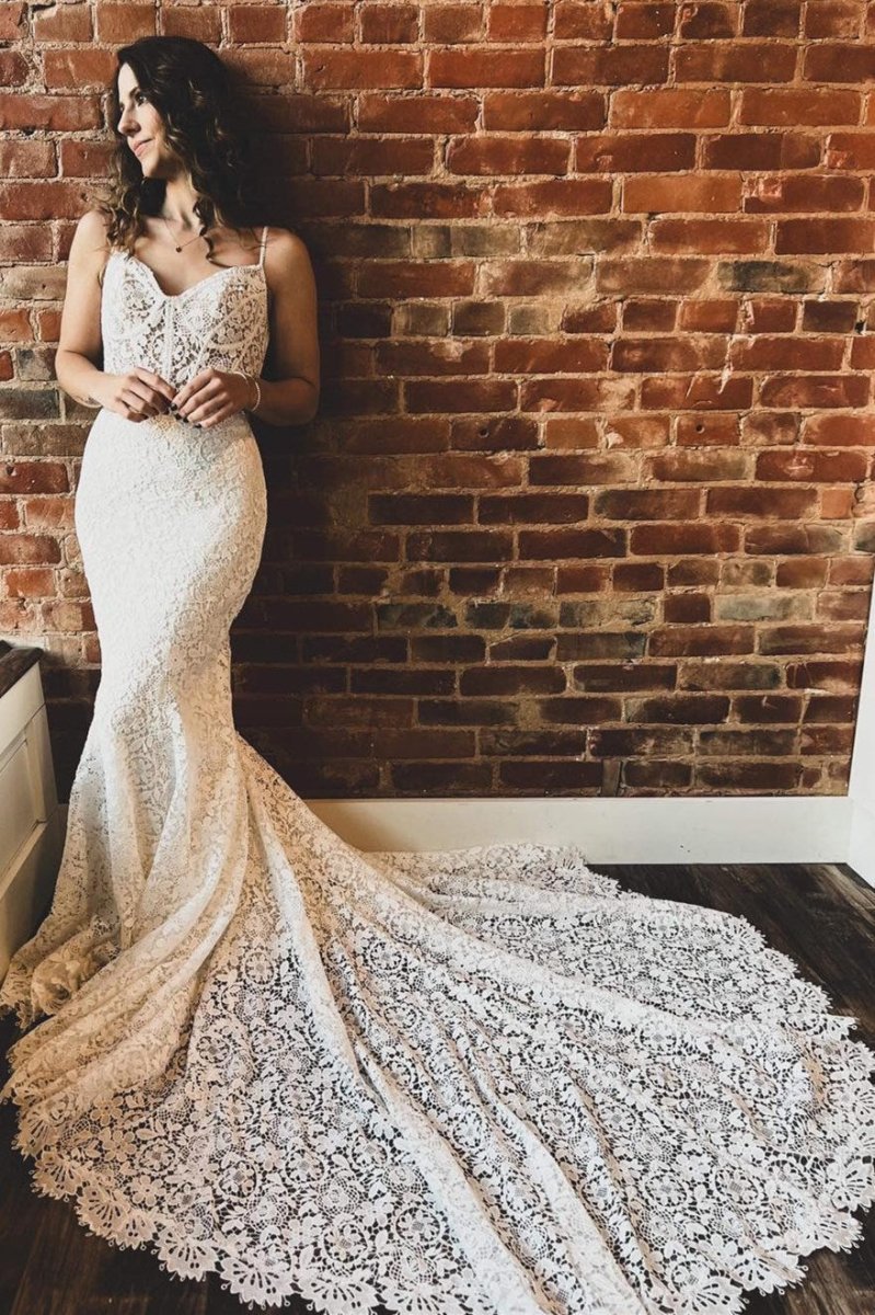 Goldie | White Lace Sweetheart Sleeveless Mermaid Long Wedding Dress - KissProm