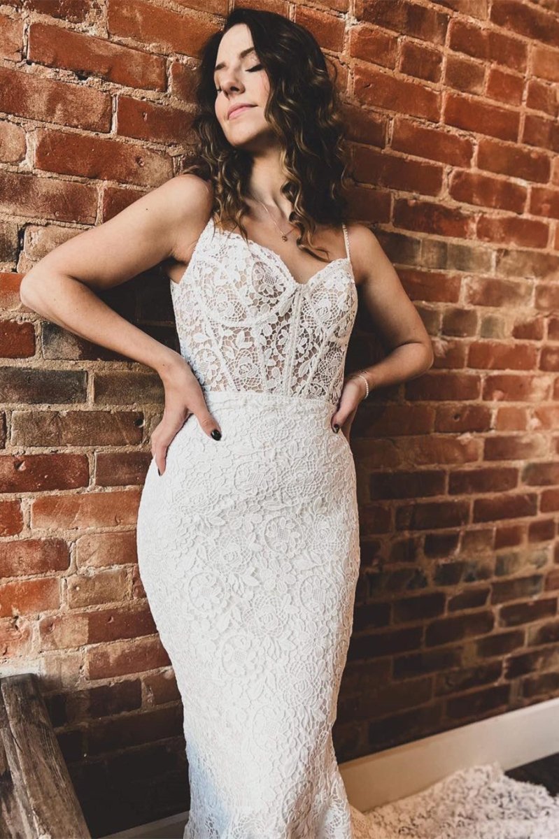 Goldie | White Lace Sweetheart Sleeveless Mermaid Long Wedding Dress - KissProm