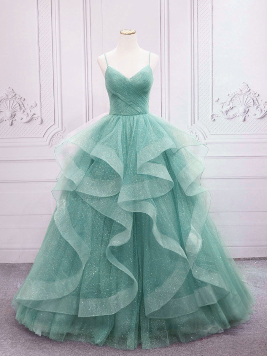 Quinceanera Dress Green V Neck Tulle Long Prom Dress Green Sweet Dress - KissProm