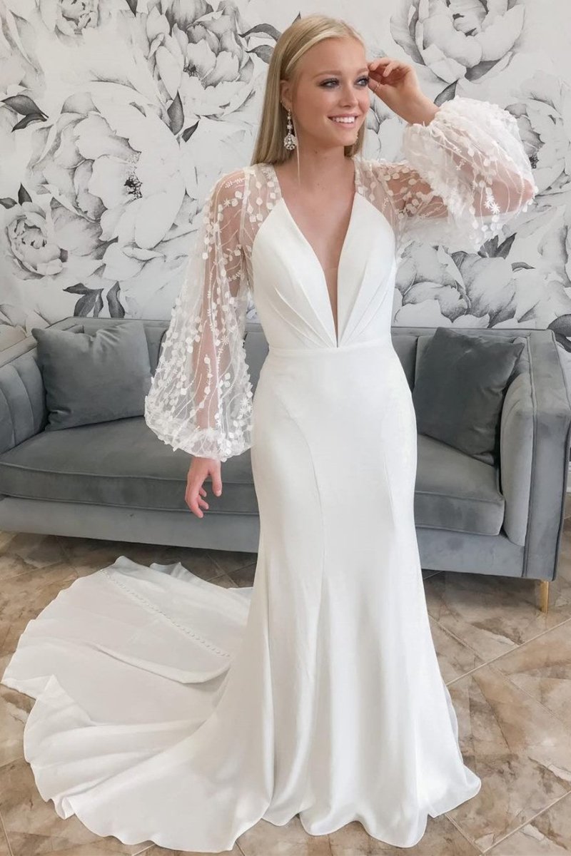 Ivory Plunge V Mermaid Long Wedding Dress with Balloon Sleeves - KissProm