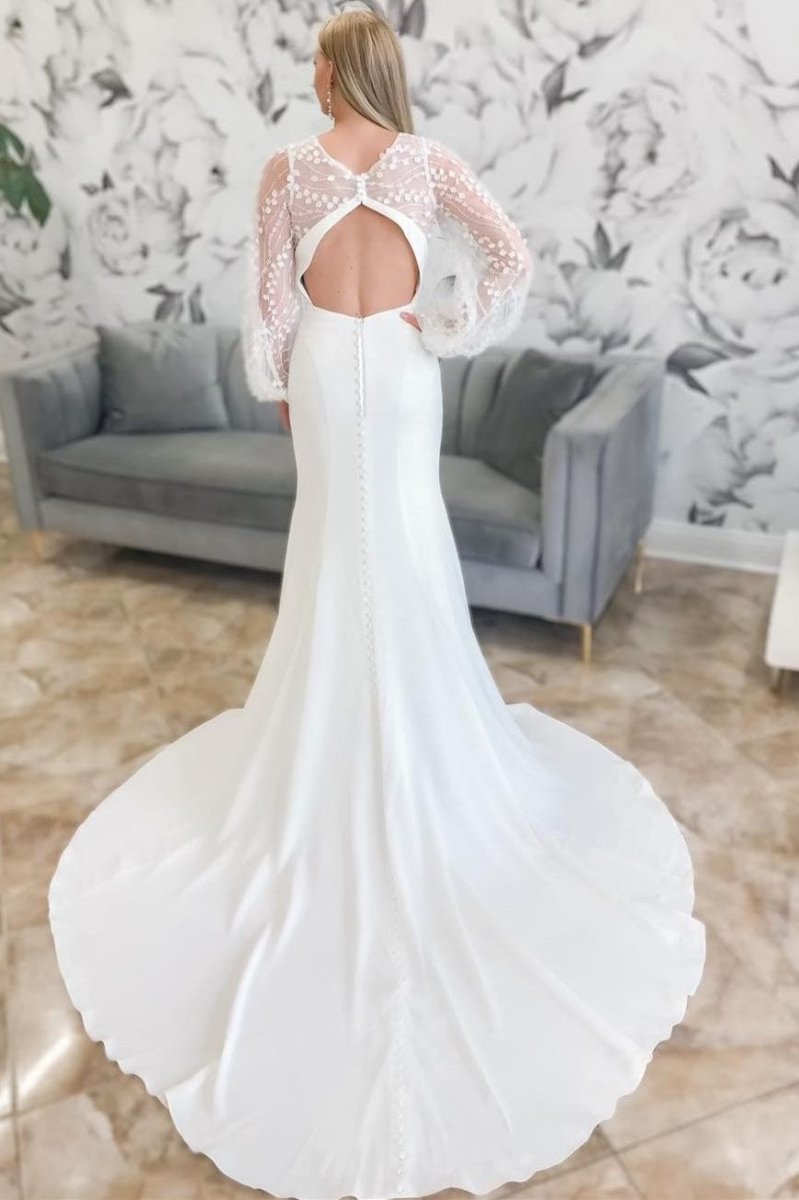 Ivory Plunge V Mermaid Long Wedding Dress with Balloon Sleeves - KissProm