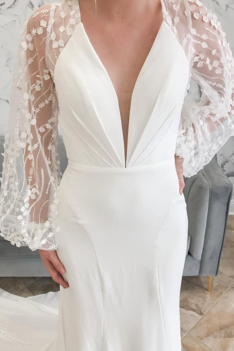 Ivory Plunge V Mermaid Long Wedding Dress with Balloon Sleeves - KissProm