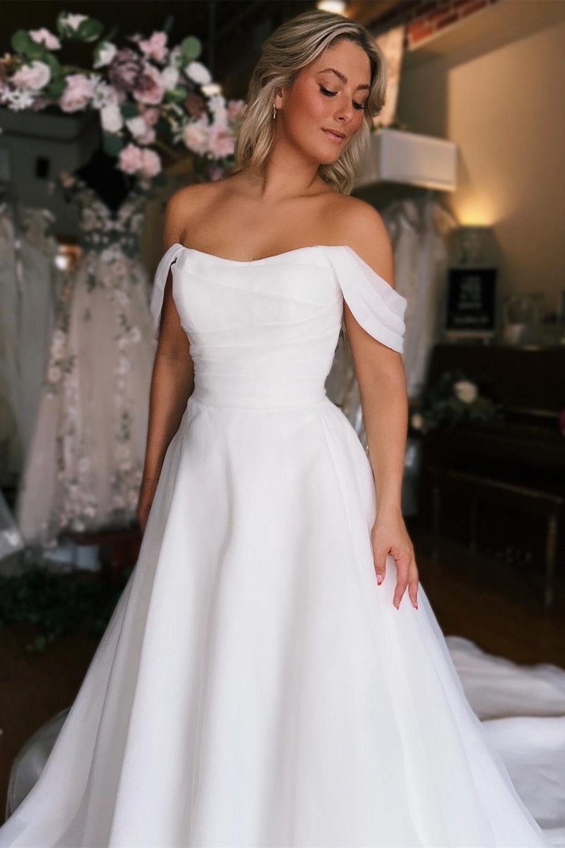 Elegant White Off - the - Shoulder Long Wedding Dress with Slit - KissProm