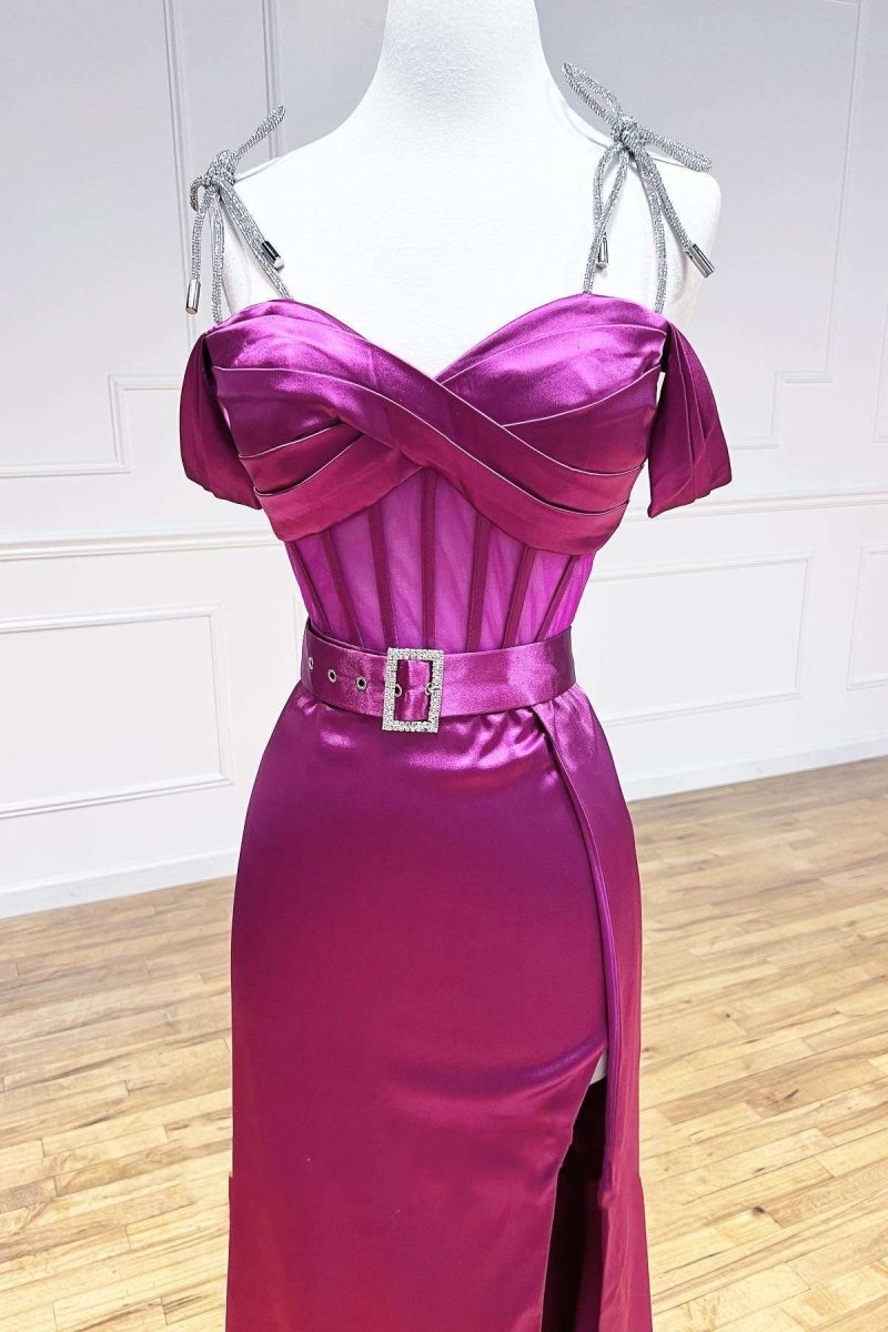 Magenta Sweetheart Belted A - Line Prom Dress with Slit - KissProm