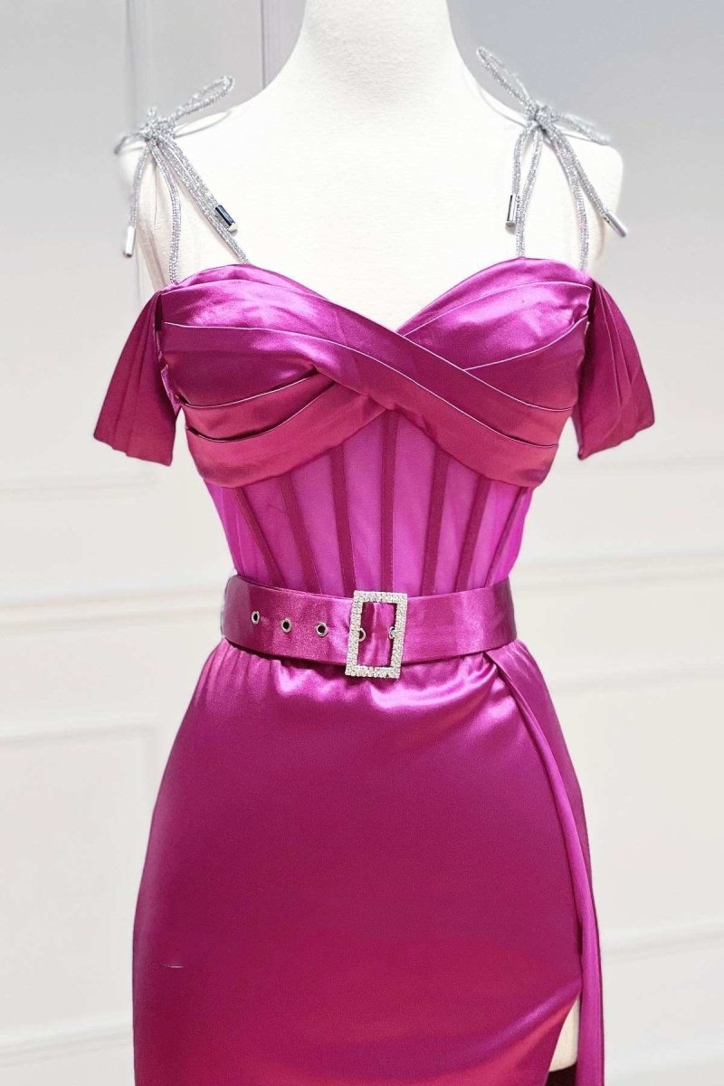 Magenta Sweetheart Belted A - Line Prom Dress with Slit - KissProm