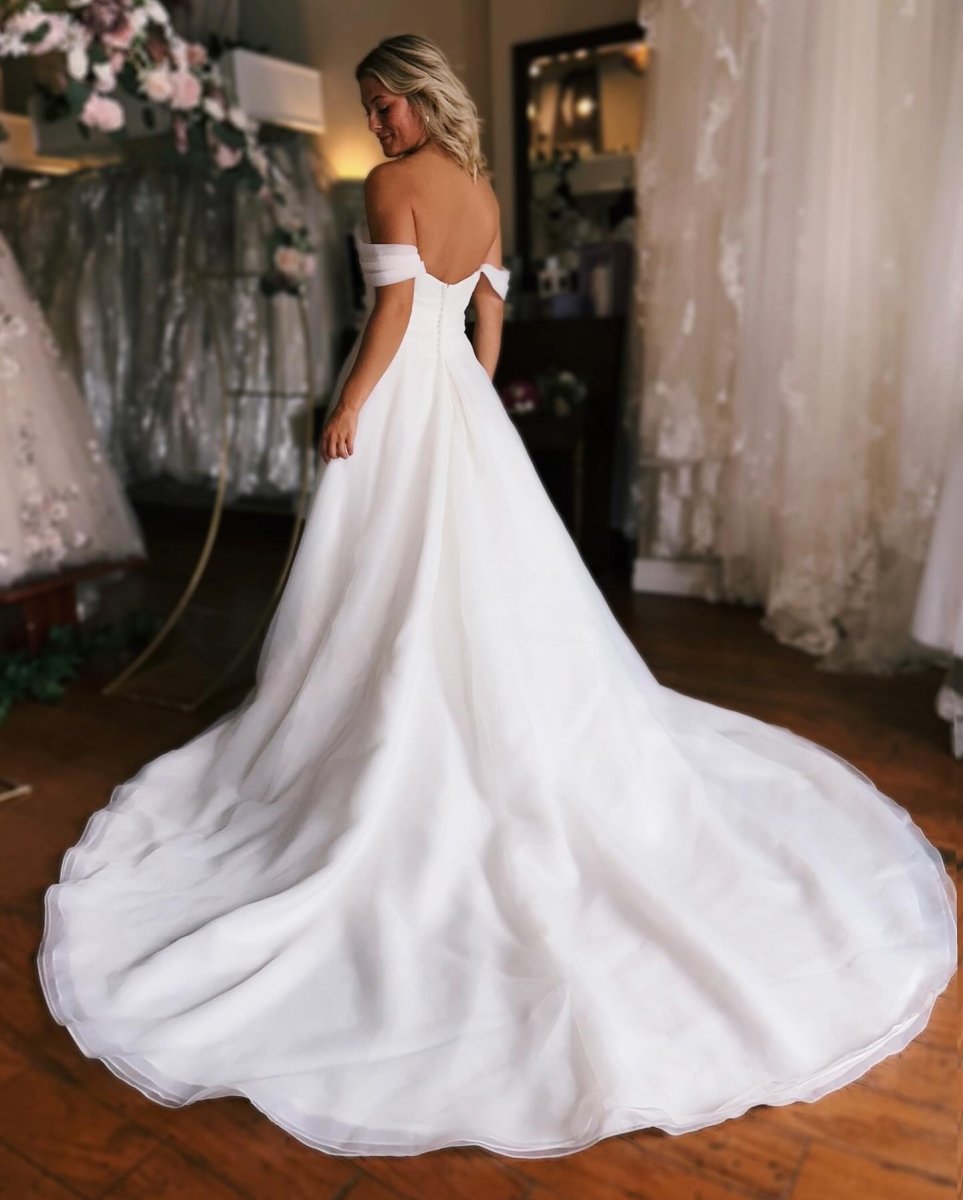 Elegant White Off - the - Shoulder Long Wedding Dress with Slit - KissProm