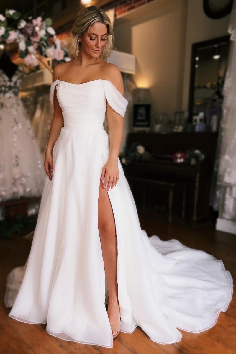 Elegant White Off - the - Shoulder Long Wedding Dress with Slit - KissProm