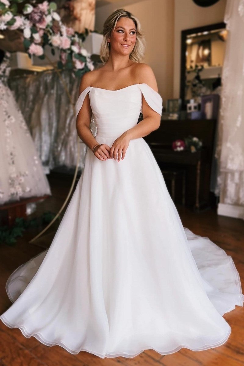 Elegant White Off - the - Shoulder Long Wedding Dress with Slit - KissProm