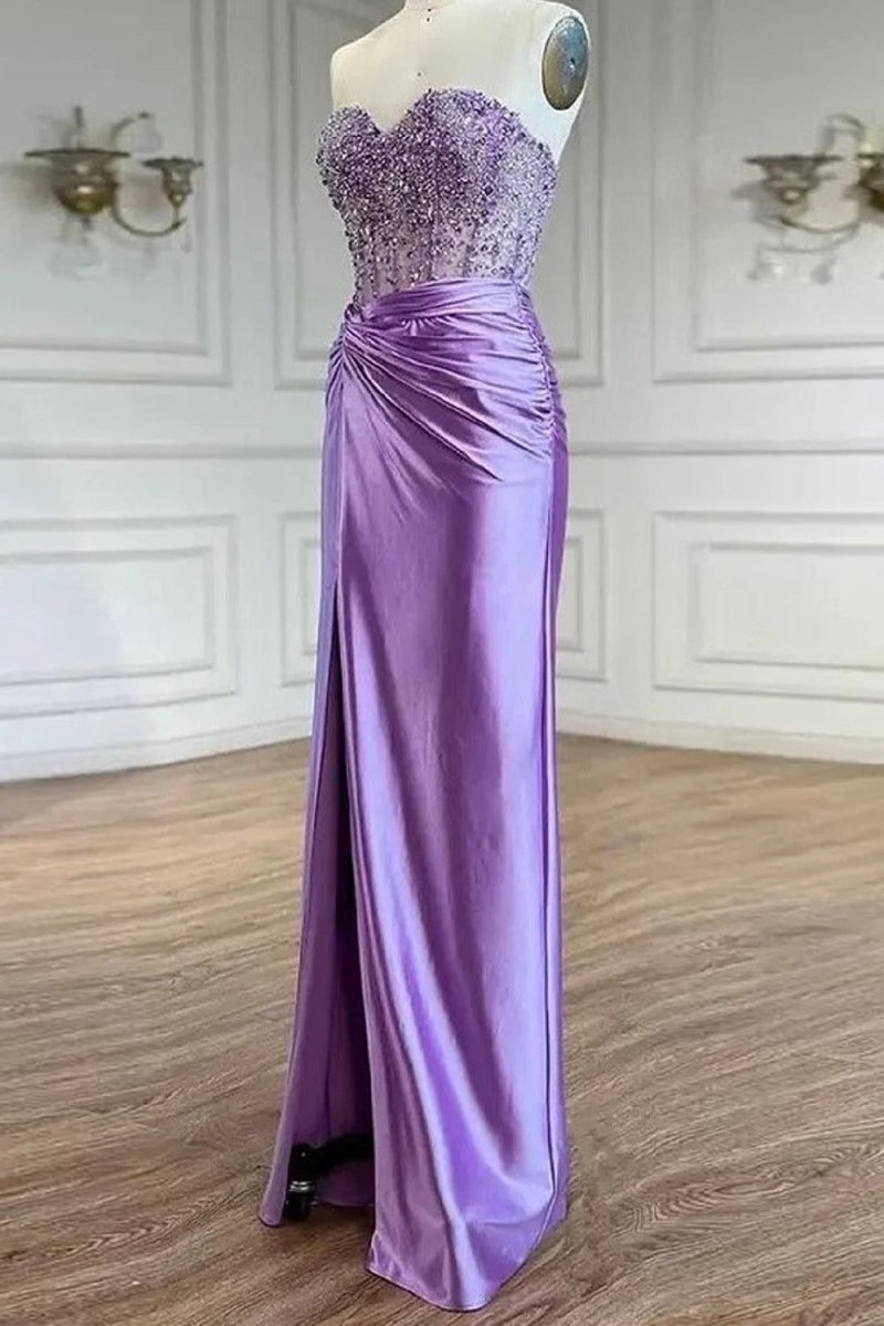 Eirene | Purple Sweetheart Mermaid Satin Long Prom Dress with Beading - KissProm