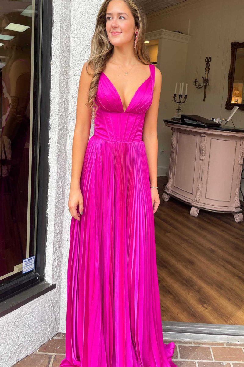 Luella | A - Line V - Neck Fuchsia Pleated Long Prom Dress - KissProm