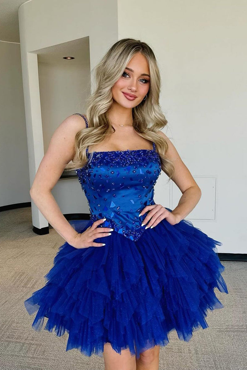 Pretty A Line Straps Royal Blue Tulle Short Homecoming Dresses with Beading