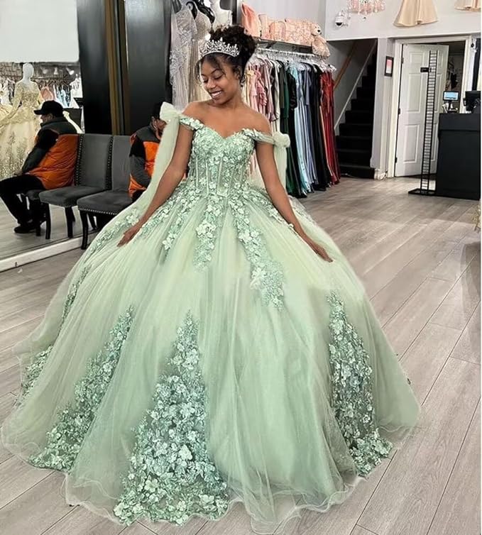 Letitia Ball Gown Lace Off the Shoulder Sage Green Quinceanera Dress