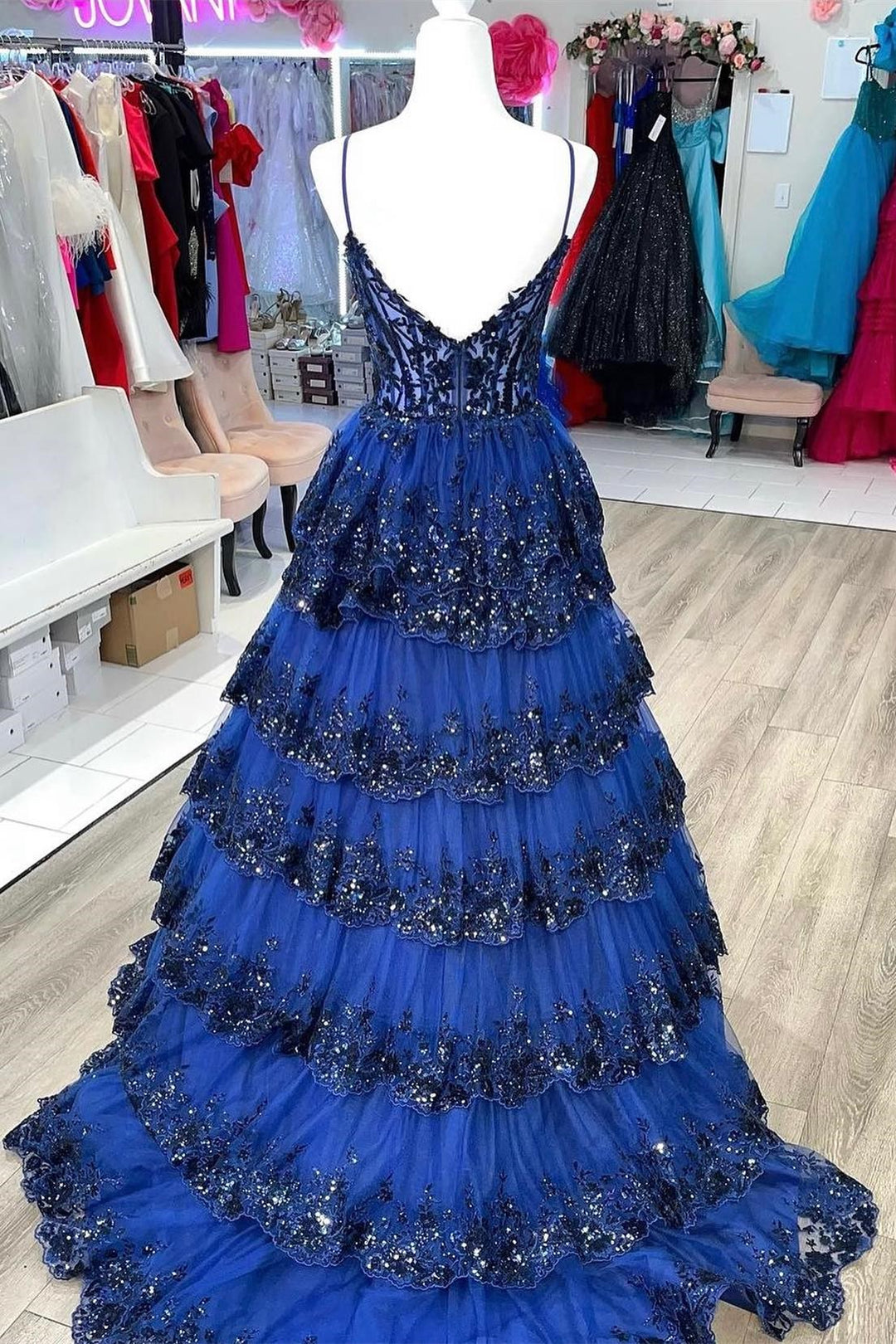Sparkly Dark Blue Spaghetti Straps Tiered Lace Long Corset Prom