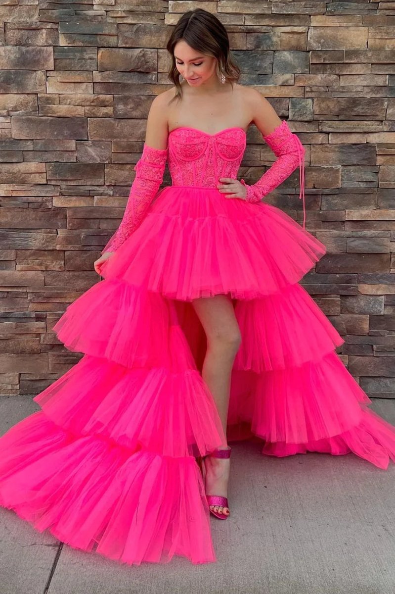 Paige |A - Line Asymmetrical Strapless Tiered Tulle Prom Dress - KissProm