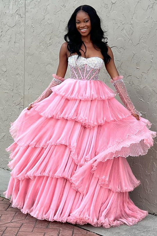 Lana |A-line Sweetheart Tiered Organza Prom Dress with Detachable Sleeves