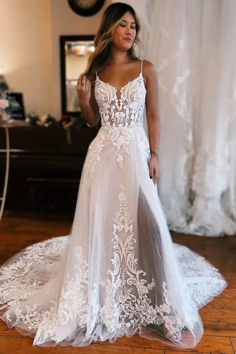 Kelly | A - Line Off The Shoulder Wedding Dress With Appliques And Slit - KissProm