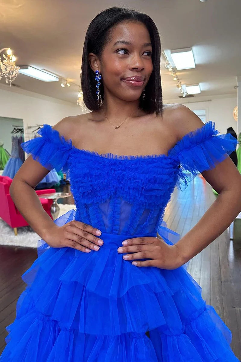 Adalynn Royal Blue Off the Shoulder Ruffle Tiered Tulle Long Prom Dr KissProm