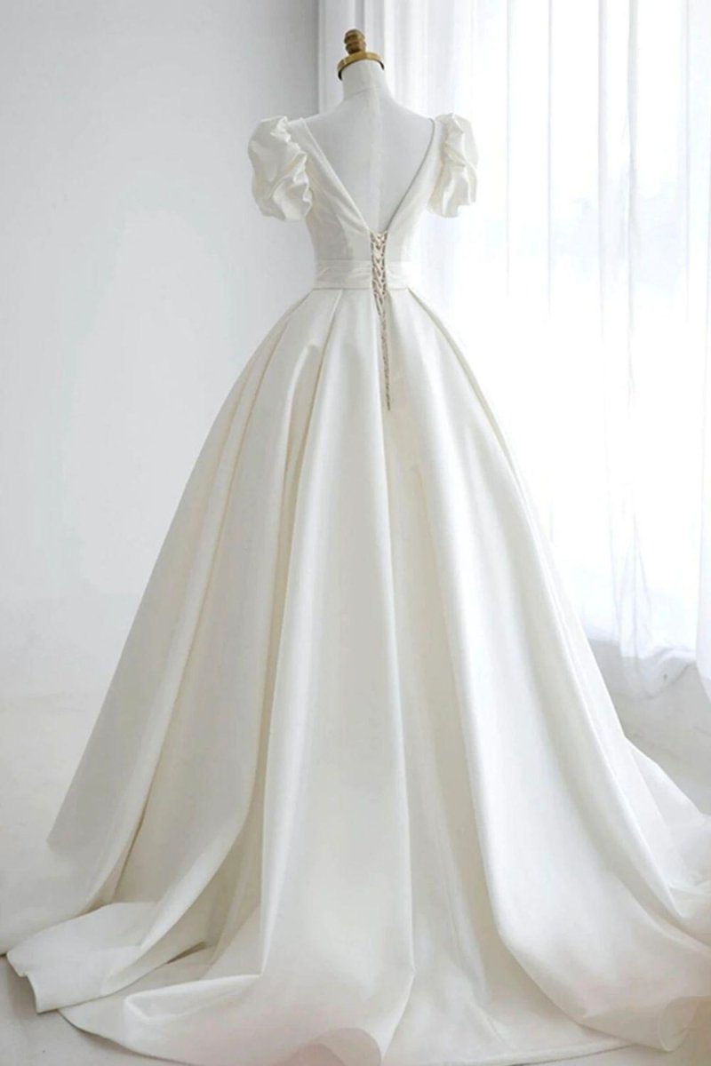 Elegant A Line V Neck White Wedding Dress with Short Sleeves - KissProm