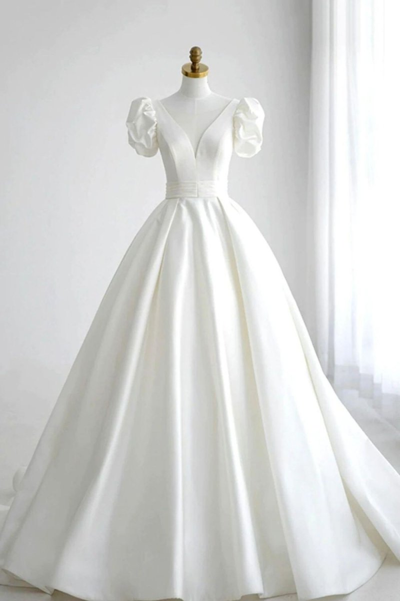 Elegant A Line V Neck White Wedding Dress with Short Sleeves - KissProm