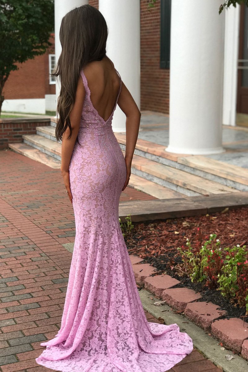 Luisa | Elegant Mermaid V - Neck Pink Lace Prom Dress - KissProm