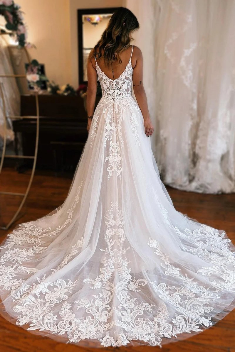 Kelly | A - Line Off The Shoulder Wedding Dress With Appliques And Slit - KissProm