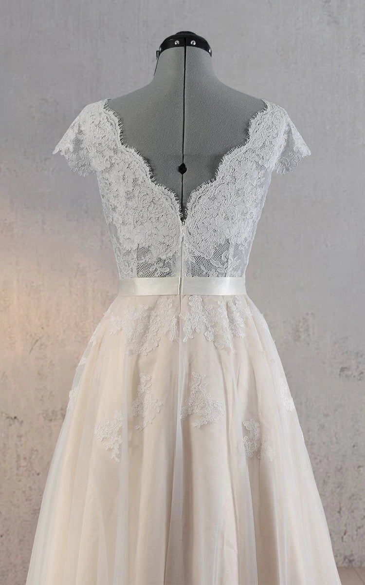 Cap Sleeve V - Neck Lace Wedding Dress With Tulle Skirt and V - Back - KissProm