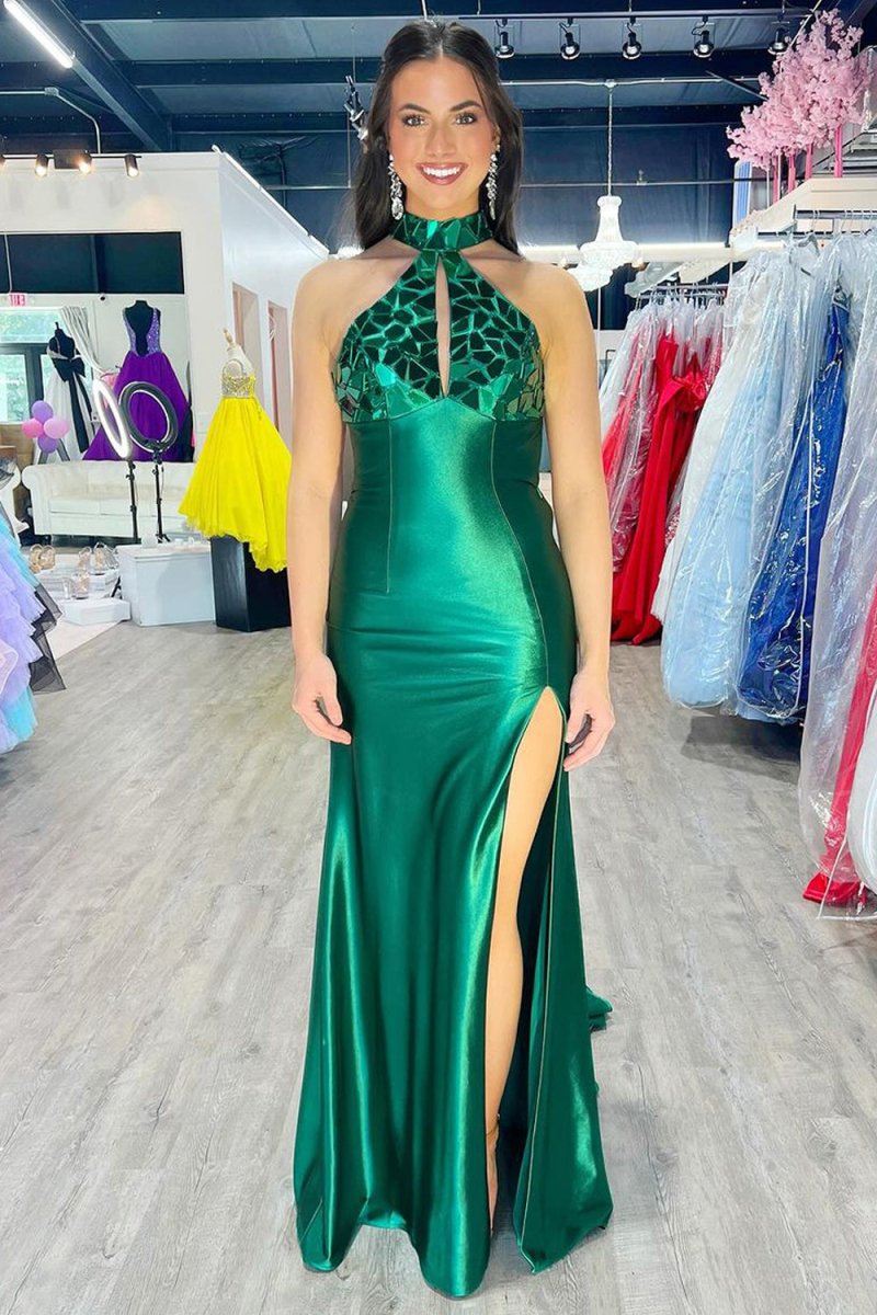 Romi | Mermaid Halter Dark Green Satin Long Prom Dresses with Beads - KissProm