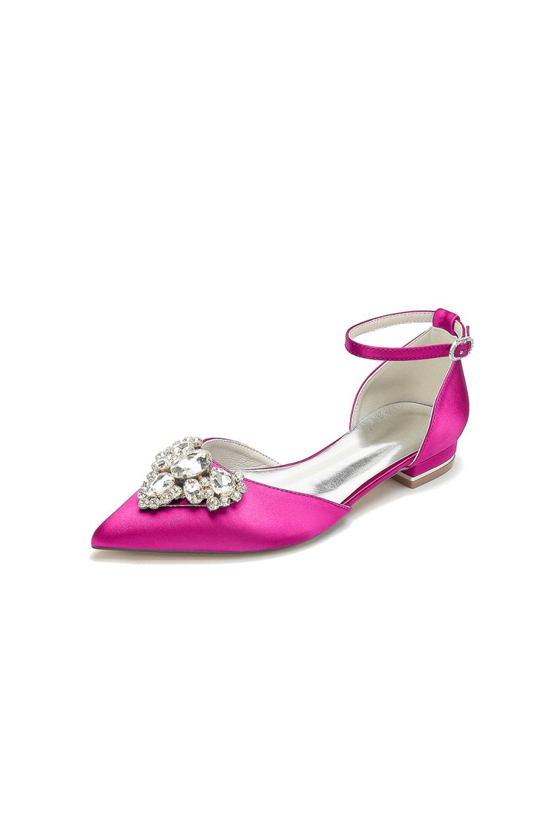 Satin Pointed Toe Ankle Strap Rhinestone Kitten Heels - KissProm