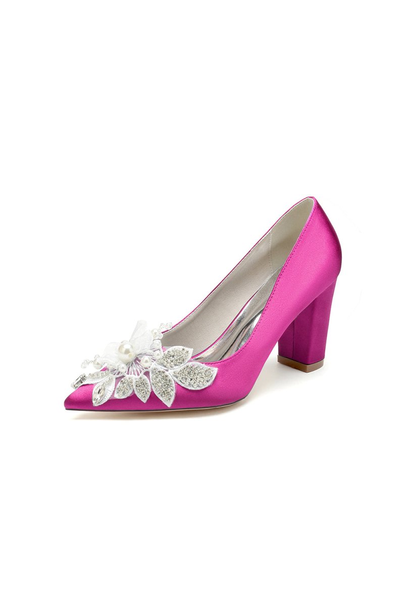 Floral Beaded Pointed Toe Chunky Heel - KissProm