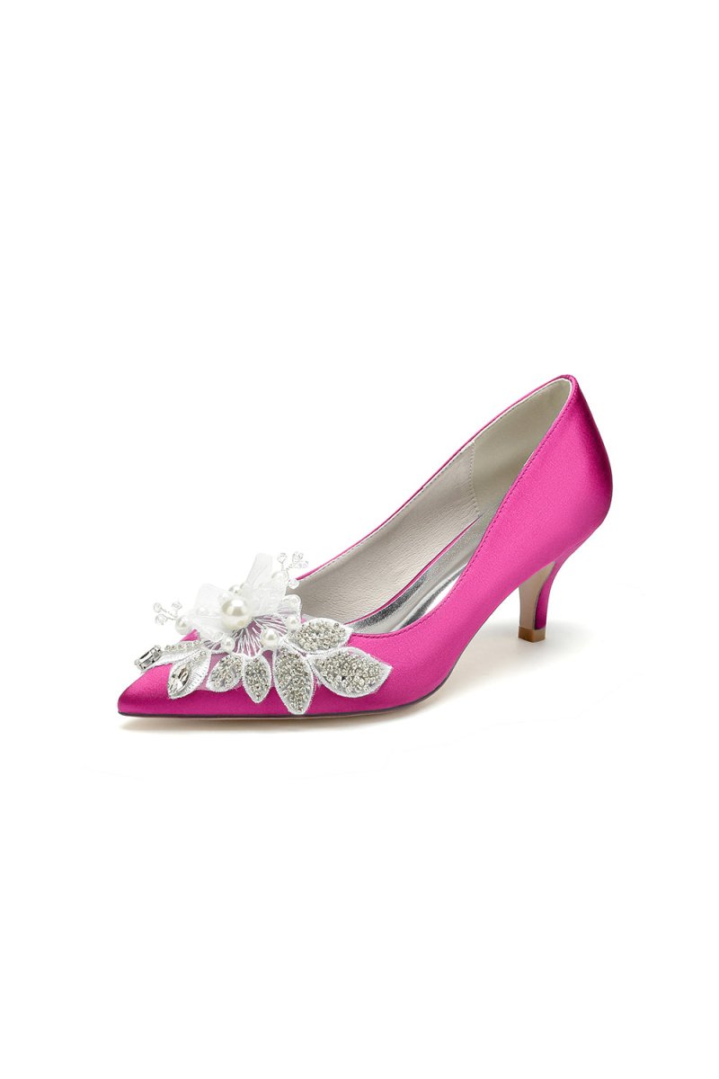 Floral Beading Pointed Toe Satin Kitten Heels - KissProm