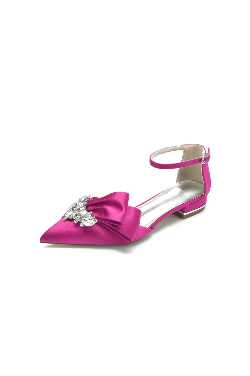 Satin Beaded Pointed Toe Ankle Strap Buckle Kitten Heels - KissProm